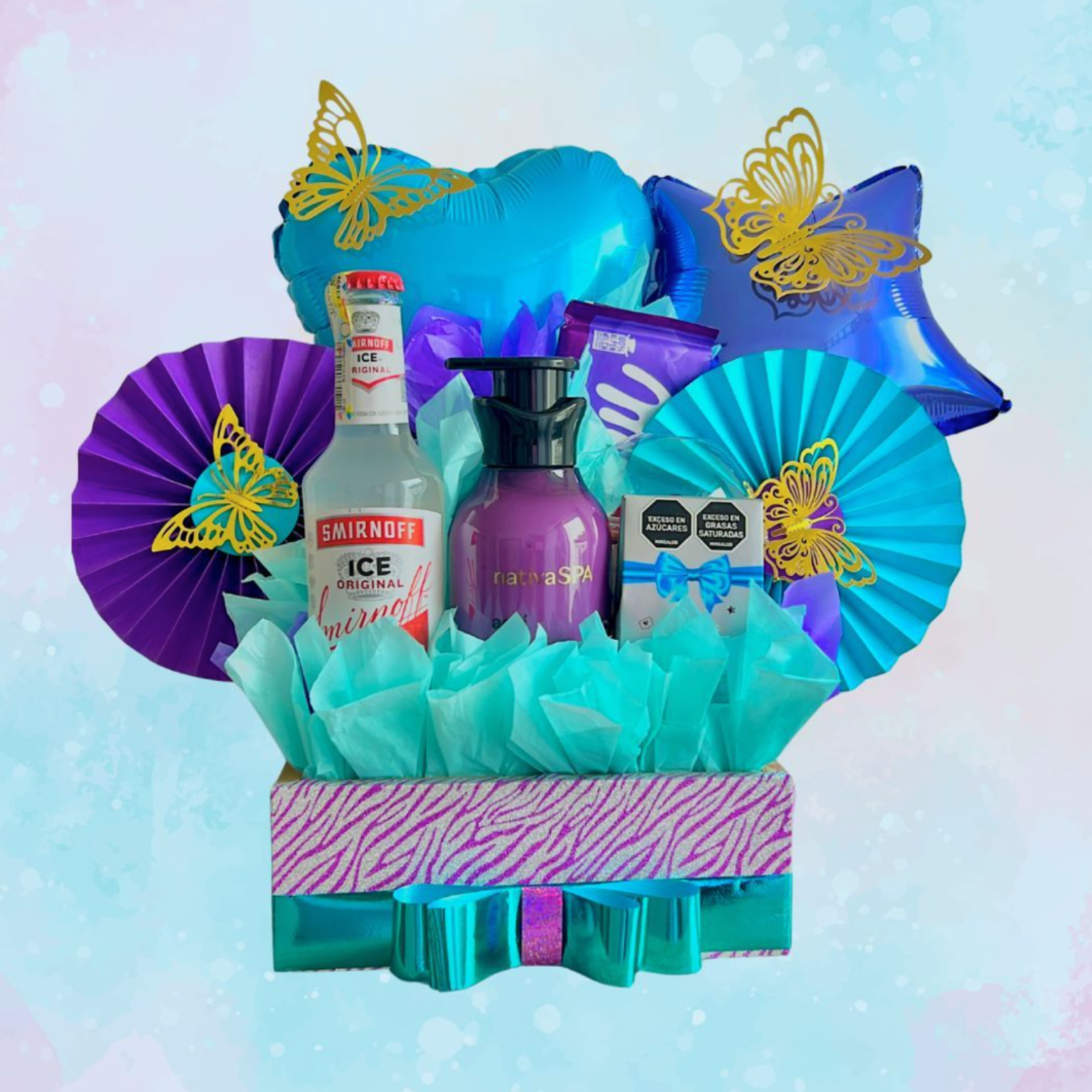 Caja Golden Butterfly con cremas NativaSpa y chocolates